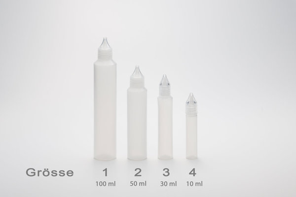 100 x 30ml Stiftflaschen o. Unicorn Bottle - Kunststoffflaschen aus weichem PE